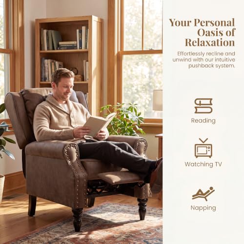 Image of Leather Recliner Chair, Pushback Recliner Chair with Adjustable Backrest Footrest, Mid Modern Reclining with Overstuffed Arms Lumbar Support for Reading, Living Room, Coffee Brown