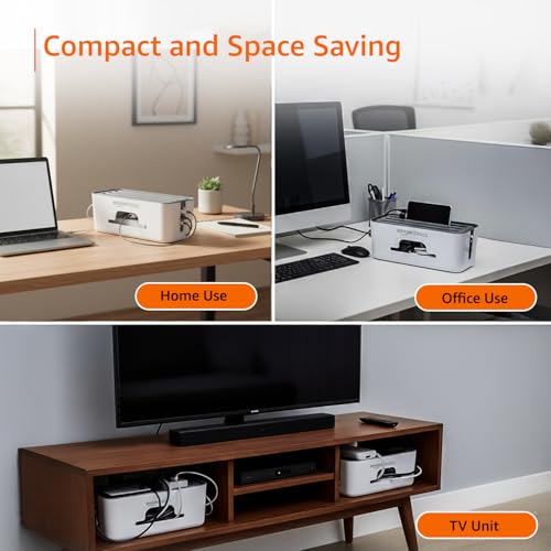 Image of Amazon Basics - Cable Management Box with Mobile Stand - Power Strip, Cords, Wires | Surge Protector Hiding Cover Organizer for Home, Office (White)
