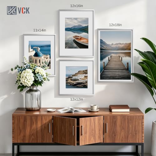 Image of VCK 12x16 Frame Silver Metal, Real Glass, 8.5x11 Mat, for Picture