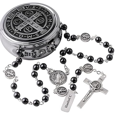 HanlinCC 6mm Hematite Stone Black Beads Catholic Saint Benedict Rosary Necklace for Men and Boy with St.Benedict Center Piece and Crucifix with Metal Gift Box Cover