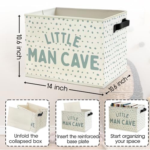 Image of Little Man Cave Boys Storage Bins Box with Handles, Blue Dots Collapsible Basket Organizer for Kids Boys Playroom Nursery Room Bedroom Bathroom Books Clothes