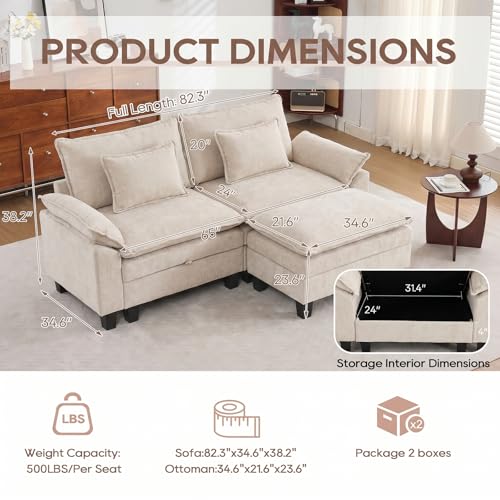 Image of IPKIG 82.3 inch Modular Cloud Couch with Storage, L Shaped Sectional Sofa with Ottoman & Pillow, Chenille Deep Seat Sectional Couches for Living Room, Apartment, White