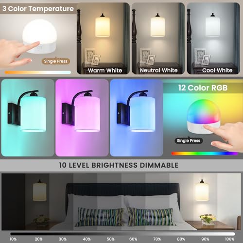 Image of Battery Operated Wall Sconce with Remote Control, Black Rechargeable Fabric Wall Lights Set of 2, 15 Colours Wireless Wall Sconce with 3000mAh Dimmable Detachable Bulb for Bedroom Living Room Hallway