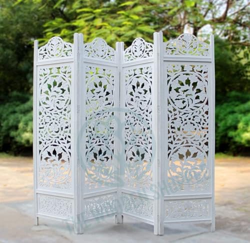Image of Wooden Room Divider Decorative Foldable Privacy Screen Hand Carved Partition for Living Room Bedroom Office Decor (6 Feet 4 Panel White Each Panel Size 72X20 Inch)
