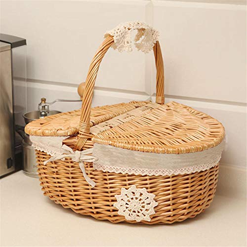 BEI&YANG Picnic Basket Snack Storage Basket With Cover Rattan Storage Basket Willow Basket Picnic Basket Fruit Basket Flower Basket With Handle And Linen Cotton Lining-D Large