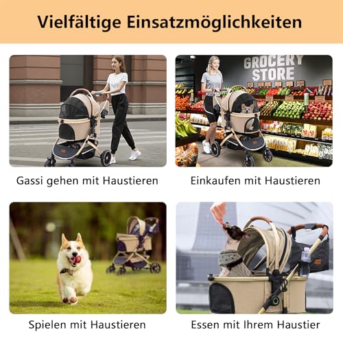 Hundewagen mit 4 Rädern, hundebuggy große Hunde & Katzen Hundebuggy bis 30kg, Hunde katzenwagen für 2 Katzen 360° Verschleißfeste Gummiräder Netzfenstern 3-in-1 multifunktio