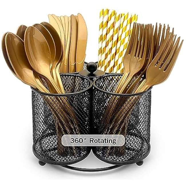 Silverware Holder Utensil Caddy - 360¡ã Rotating Silverware Caddy 4 Compartment Metal Cutlery Organizer Fork Spoon Napkin Plastic Flatware Storage Basket Party Countertop Picnic Outdoor Black