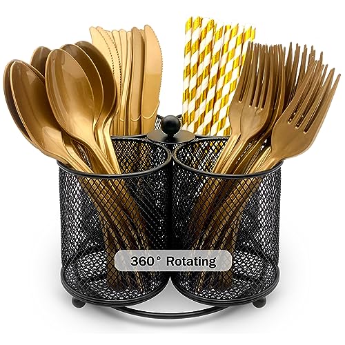 Opiniones y reviews de Cestas para cubiertos que Puedes Comprar On-line. 49 DysanVica - Soporte de cubiertos para utensilios – Bandeja giratoria de 360° 4 compartimentos de metal, organizador de cubiertos de tenedor, cuchara, servilleta, cubiertos de...