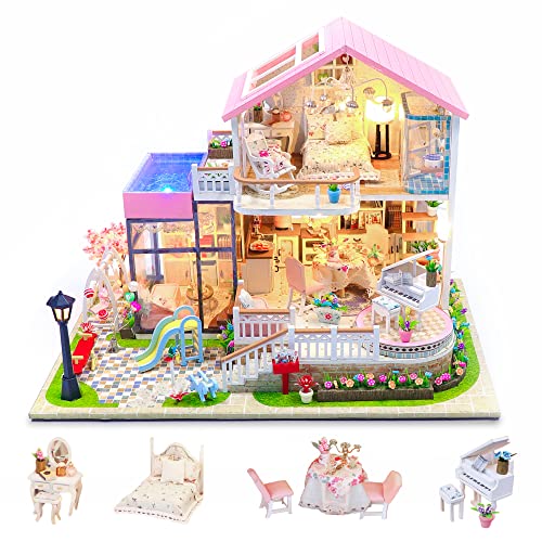 Cuteefun DIY Miniatur Rosanes Puppenhaus Kit mit Pool zum BAU Miniatur Haus Villa in Pink mit Musik Staubdichten Möbeln…
