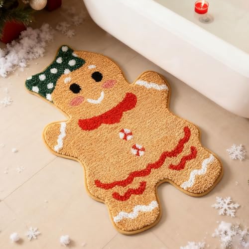 Moutina Christmas Gingerbread Bath Mat 21x32 Inch Winter Soft and Absorbent Tufted Cute Xmas Rugs Non Slip Washable Christmas Bathroom Decor Rug Holiday Decorations