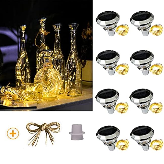 Upgraded Solar Diamond Shaped Wine Bottle Lights, 8 Pack 20 LED Fairy Lights with Solar Cork Lights Outdoor Waterproof for Wedding Party Decor Women Gift