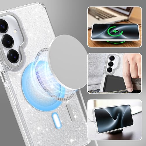 Image of Magnetic Case for Samsung Galaxy S26 Plus [Compatible with Magsafe] [Bling Glitter Fluorescent Design] [1 Screen Protector] Slim Translucent Matte Case for Galaxy S26 Plus 6.7 inch, White