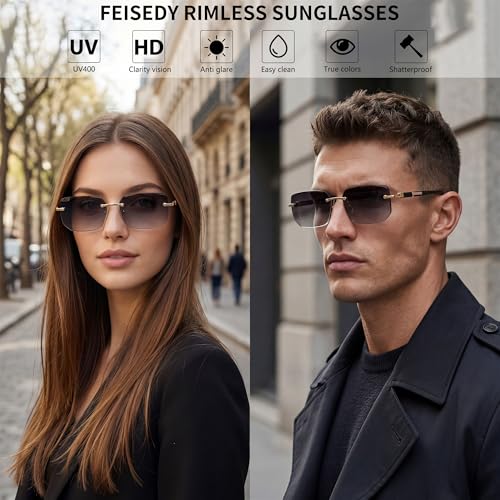 Image of FEISEDY Rimless Sunglasses Y2K Retro Small Narrow Clear Eyewear Vintage Rectangle Sunglasses for Women Men B2643