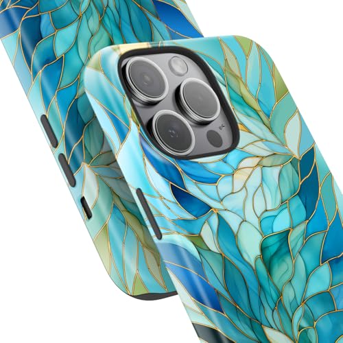 Image of Goodon for iPhone 15 Pro Max Case Cute - Wireless Charging Compatible - Dual-Layer Hard Shell + Silicone Cover - Protective Phone Case with Trendy Designs for Women - Blue Leaves Flower