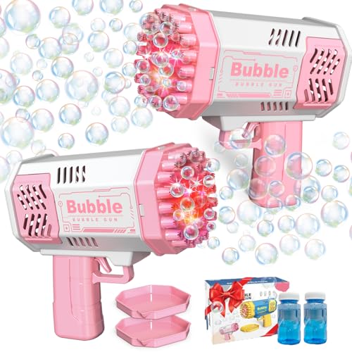 LUSJNGE 2 Bubble Gun with 2 Bottles Refill Solution for Kids, 40-Hole Light Up Bubble Machine for Toddlers 1-3, Pink Bubble Blaster Maker, Party...