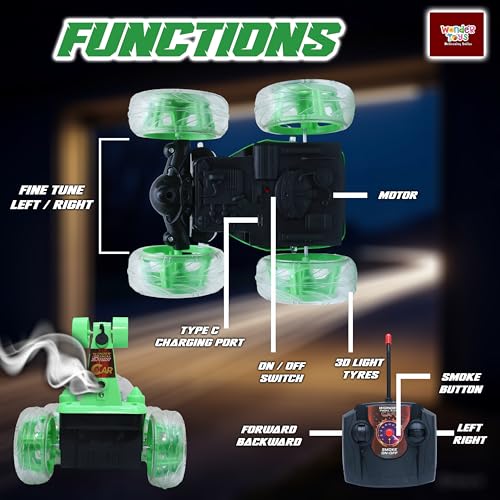 Image of Wonder Stunt Rc Car | Smoke Function and Led Lights | Abs Plastic Body | 360 Degree Spinning Wheels Rechargeable Battery Type C Charging | Remote Control Toy for Kids - Green