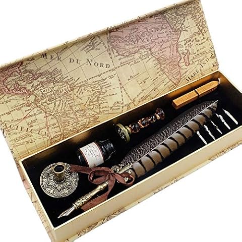 GC QUILL Antique Quill Pen Unique Half-Patterned Feather Pen Set with 6 Nibs 1 Bottle of Ink 1 Seal Stamp 1 Pen Holder 1 Sealing Wax LL-149 Cover