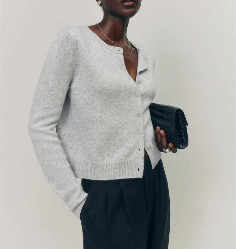 Image of Women Knit Cropped Cardigan Long Sleeve Crewneck Sweater Lightweight Knit Cardigan Casual Fall Going Out Streetwear(Light Grey,M)
