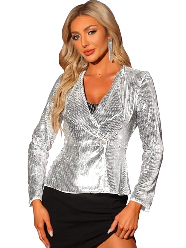 Allegra K Sequin Jacket for Women's Lapel Blazer 1 Button Long Sleeves Halloween Sparkle Party Jacket