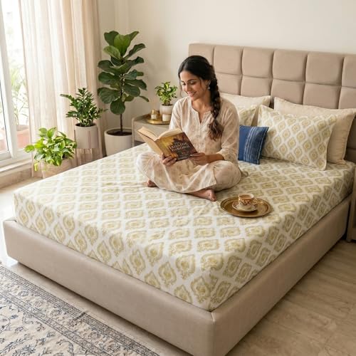 Image of Mafatlal 186 TC Grace Double Bed Bedsheet | Premium Pure Cotton | Queen Size: 90x100 Inch | Comfortable, Durable & Fast | Includes 2 Pillow Covers | Yellow Jasper