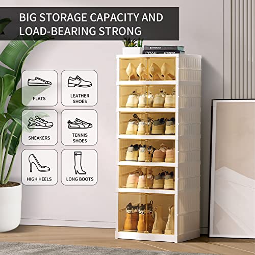Image of CIMLORD 6-Tier Foldable Shoe Rack Organizer with Doors, 12 Pairs, White | Collapsible Narrow Plastic Shoe Cabinet Storage, Fits Boots&Sneakers, Stackable with Lids, Easy Assembly, for Closet&Entryway