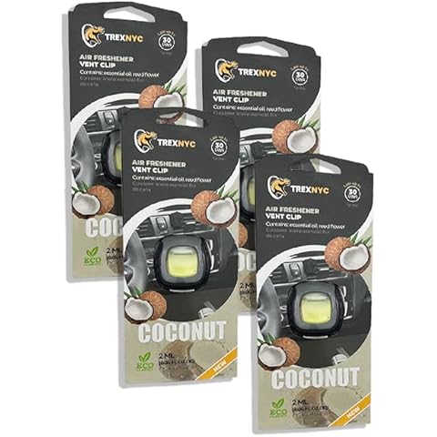 TrexNYC Car Air Fresheners Vent Clips, Essential Car Odor Eliminator, Perfect Scented Car Accessories, For Long Lasting Fragrance up to 30 days, 0.07 FL.OZ (Coconut, 4 Packs) Cover