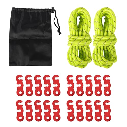 20pcs Zinc Alloy Tent Guy Line Tensioners, Rope Adjuster Clips with 4mm Paracord & Storage Bag Cord Tightener Hooks for Camping Hiking Backpacking Outdoor Tent Stake Accessories (Red)