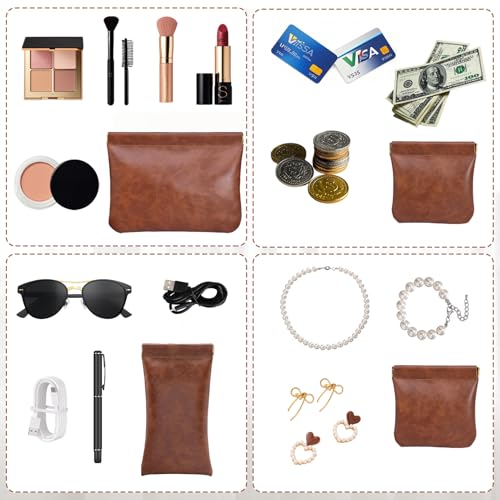 3PCS Pouchic Snap Closure Pouches, Pu Leather Small Makeup Bag for Purse Mini Cosmetic Bags for Travel Makeup Pouch Purse for Women Three Sizes Coin Purses Organizer Storage Pouch(Brown)3