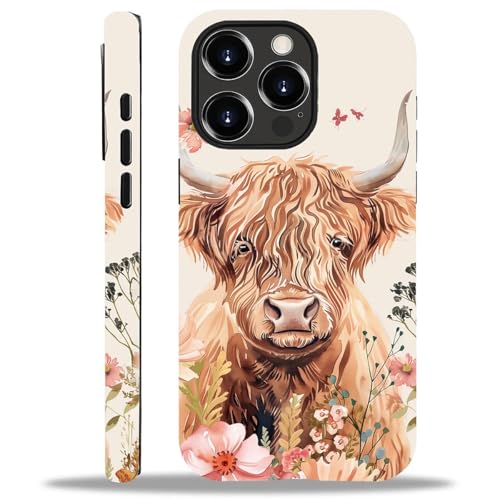 yicomon Compatible with iPhone 15 Pro Case, Cute Highland Cow Flowers Pattern Print Matte Phone Case Durable Fashion Funny Liquid Silicone Case Soft Anti-Scratch Shockproof Protective Cover