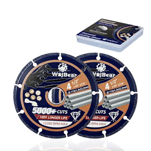 WojBear 2 PCS 115 mm Metal Cutting Discs 5000+ Cuts Diamond Cut Off Wheel for Steel Rebar Iron and Stainless Steel 1.2 mm Thin Cutting Disc for Angle Grinder