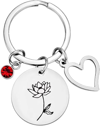 Birth Flower Dainty Hand Stamped Flower with Heart Charm & Birthday Stone keychain Birthday Gift Mothers Day Gift