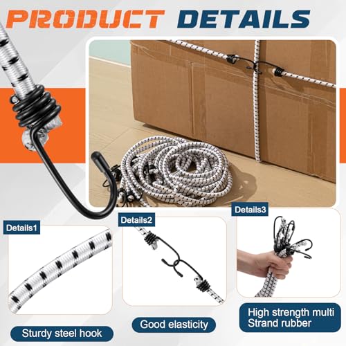 Image of 6 Pcs 96 Inch Extra Long Bungee Cords with Hooks 0.39 Inch Thick Heavy Duty Bungee Straps for Outdoors, Camping, Rvs, Bikes, Cargo, Stretchable to Over 144 Inches