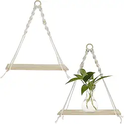 Tcwhniev Prateleira de parede de macramê com 2 peças, prateleiras flutuantes de madeira com corda de algodão feita à mão, prateleiras ajustáveis para pendurar na parede prateleira estética para quarto