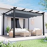 3x4m Metal Pergola with Retractable Roof, Aluminum Garden Pergola with Adjustable Sun Shade Canpoy for Patios, Grape Trellis Gazebo for Party BBQ,Dark Grey