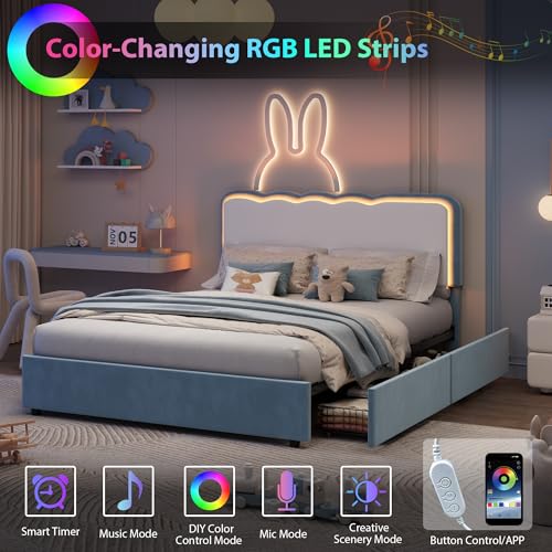 Image of Garvee Irregular Wave LED 2-Drawer Soft Upholstered Bed, Soft Padding