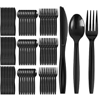 OKYMOTOR 90PCS Disposable Cutlery Set 30 Forks 30 Knives 30 Spoons Disposable Plastic Silverware Cutlery for Home Office School Party Picnics Restaurant Outdoor Events or Every Day Use (Black)