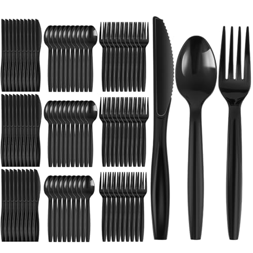 OKYMOTOR 90PCS Disposable Cutlery Set 30 Forks 30 Knives 30 Spoons Disposable Plastic Silverware Cutlery for Home Office School Party Picnics Restaurant Outdoor Events or Every Day Use (Black)