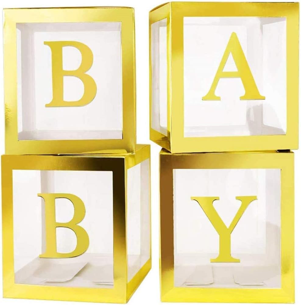 Gold Balloon Box for Baby Shower Gender Reveal Birthday Party Premium Set of 4 Decorative Boxes with Letters BABY Party Decor (Gold)