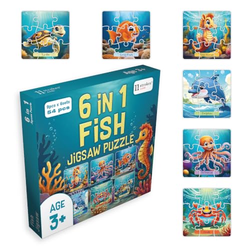 Image of 11 Strokes 6 in 1 Fish Jigsaw Puzzle for Kids Age 3+ | 54 Pieces | Clownfish Dolphin Shark Octopus Turtle Crab | Premium MDF | Ocean Educational Toy