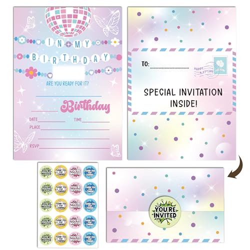 RPLCSPC In My Birthday Invitation Friendship Bracelet Invitation Teen Birthday Girl Music Party Invite with Stickers Fill In Style Invite Cards For Girls Foldable Invitation Card-A20