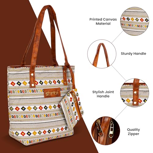 Image of Storite Small Women's Tote Bag with Leather Handles & Embroidery Printed Handbag with Zip Pockets, Shoulder Tote Bag and Handbag for Office and College (WhiteBrown, 26x21x9.8 cm)