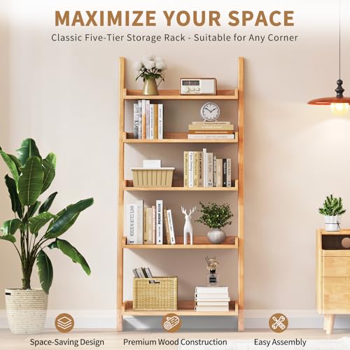 Uniclinens Natural Wooden Ladder Shelf, 5-Tier Ladder Bookshelf, Ladder Shelf Bookcase for Compact Spaces, Wooden Bookshel for Living Room, Bedroom, Home Office,(23.6''Dx15.7''Wx55.1''H) — view 5