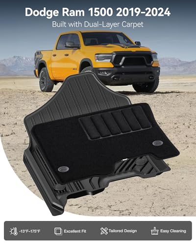 Image of 3W Floor Liner & Carpet Top Bundle for 2019-2024 Dodge Ram 1500 Crew Cab (New Body /Without Storage) All-Weather 1st & 2nd Row TPE Mats Set, Not for Classic Models