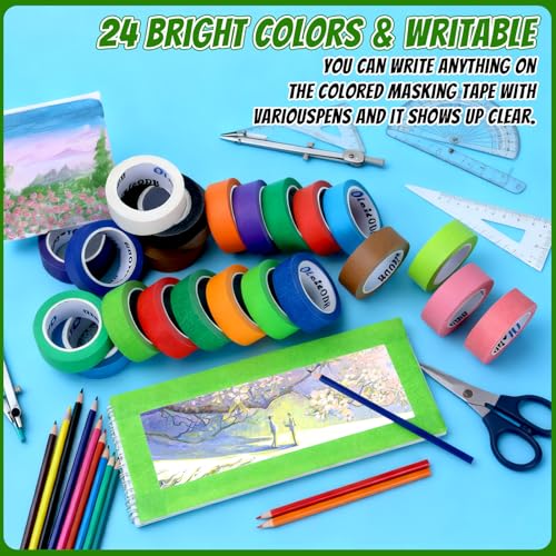 Image of 24 Rolls Colored Masking Tape Bulk for Art, 1 inch x 1080 FT (360 Yards) for Crafts, Labeling, DIY Decorative, Colored Painters Tape, Rainbow Colors Tape for General Use Projects, Easy Tear No Residue
