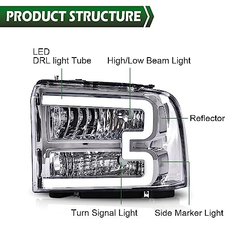 Image of GRAND ORANGE LED DRL Headlights Assembly Compatible with 2005-2007 Ford F250 F350 F450 F550 Super Duty Fit 2005 Ford Excursion Clear Lens Chrome Housing Clear Reflector