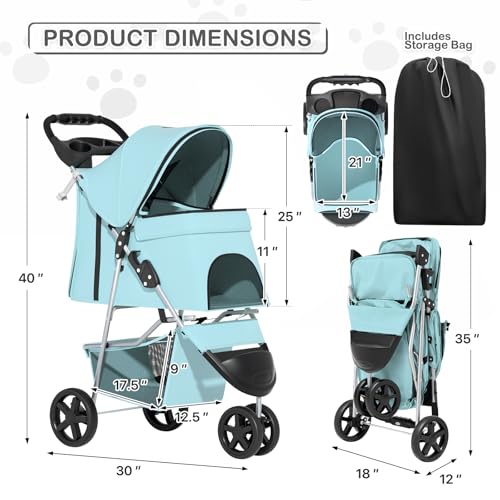 Image of MoNiBloom 3 Wheels Pet Dog Cat Stroller for Small Medium Dogs Cats, Lightweight Foldable Jogger Stroller w /Storage Basket and Cup Holder, Mint Green