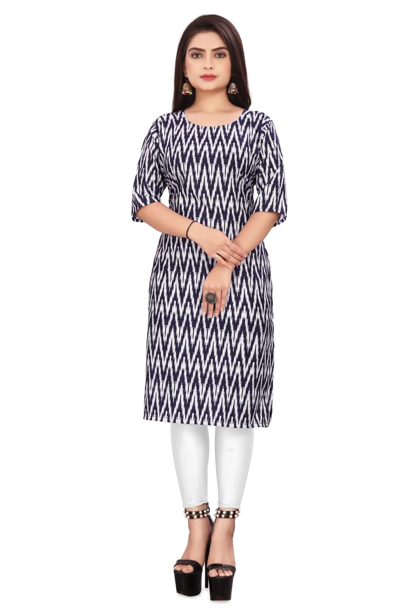 Patlani Women's Cotton Blend Printed Straight Kurta Blue-Zigzeg-S