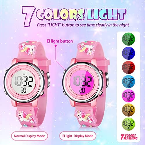 3 Pieces Kids Unicorn Watch and Unicorn Bracelet Toddler Digital Watch 7 Color Lights Watch with Alarm Stopwatch Unicorn Valentine's Day Gift for 3-10 Year Girls