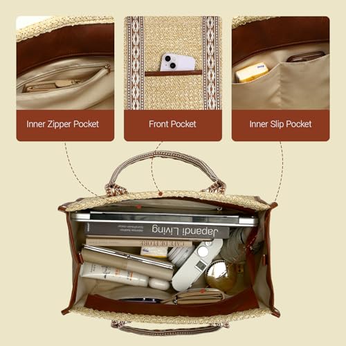 Image of Herald Straw Beach Tote Bag for Women, Summer Boho Handmade Woven Shoulder Purse Handabg with Adjustable Wide Strap