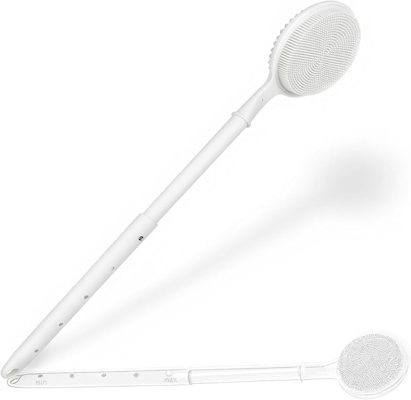 Escova de banho ozner de silicone com cabo ajustável, dupla face, branca
